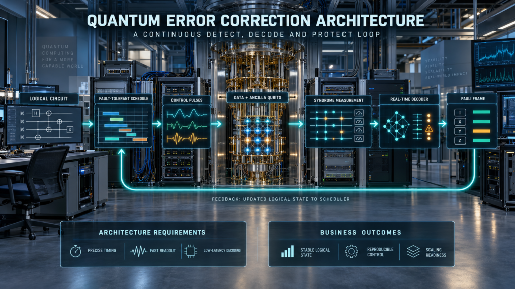 Quantum error correction architecture connecting logical circuits, fault-tolerant scheduling, control pulses, data and ancilla qubits, syndrome measurement, real-time decoding, and Pauli-frame feedback.