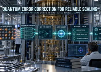 Quantum error correction facility transforming noisy physical qubit signals into a protected logical qubit through syndrome measurement and real-time decoding.