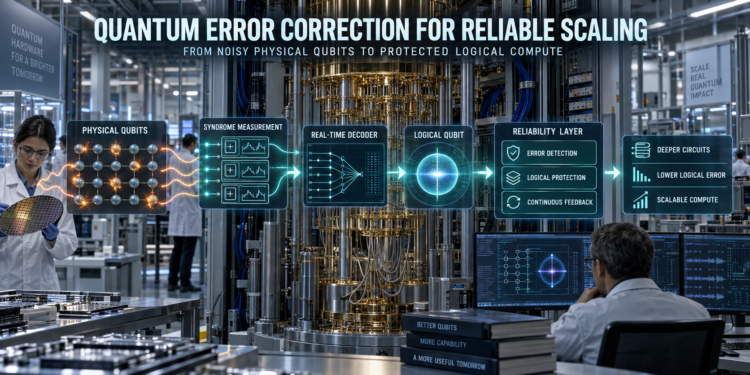 Quantum error correction facility transforming noisy physical qubit signals into a protected logical qubit through syndrome measurement and real-time decoding.