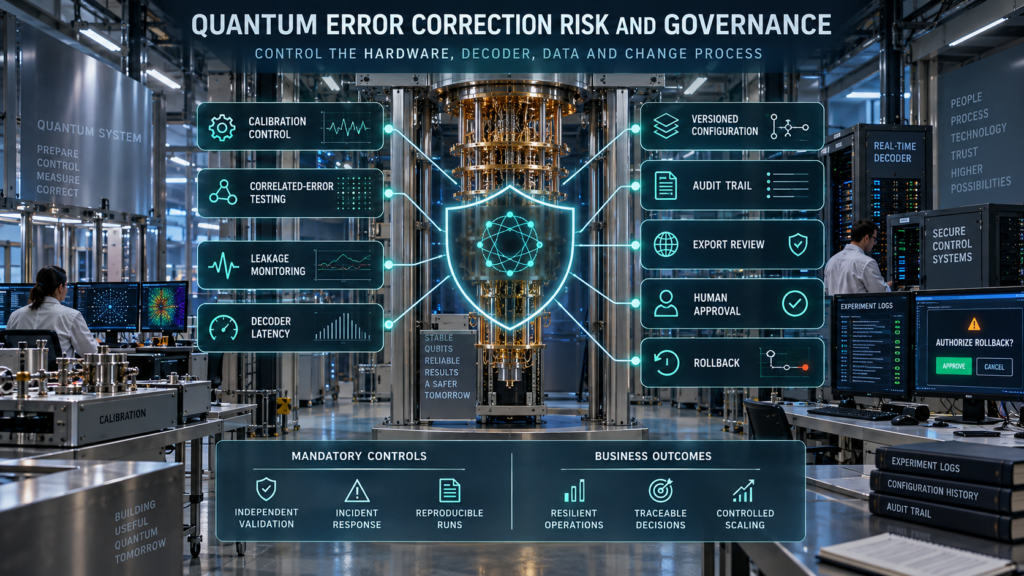 Quantum computing governance system connecting calibration control, correlated-error testing, leakage monitoring, decoder latency, audit trails, export review, human approval, and rollback.