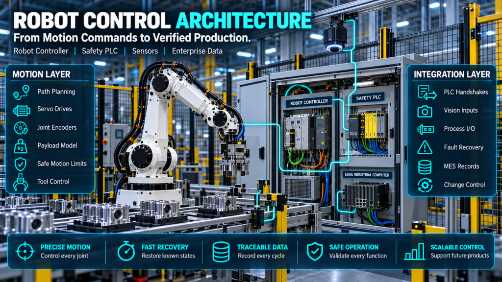 Industrial robot arm connected to servo drives, joint encoders, safety PLC, machine vision, process I/O and enterprise production systems.