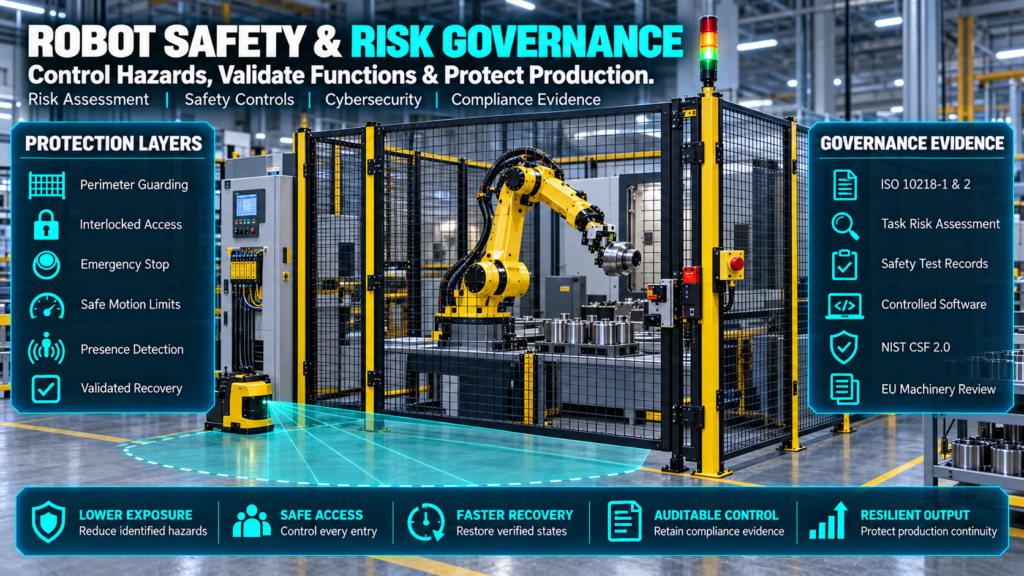 Safeguarded industrial robot cell with perimeter fencing, interlocked access, emergency stop, presence detection and governance controls.