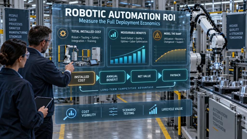 Operations leaders reviewing robotic automation ROI, installed costs, measurable benefits, deployment ramp, net value, and payback inside an automated factory.