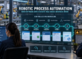 Photorealistic industrial infographic showing robotic process automation executing and verifying rule-based enterprise transactions with human exception review.