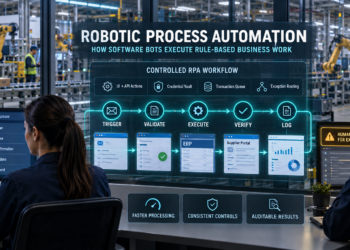Photorealistic industrial infographic showing robotic process automation executing and verifying rule-based enterprise transactions with human exception review.