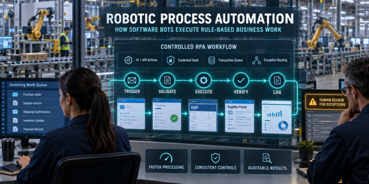 Photorealistic industrial infographic showing robotic process automation executing and verifying rule-based enterprise transactions with human exception review.