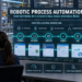 Photorealistic industrial infographic showing robotic process automation executing and verifying rule-based enterprise transactions with human exception review.
