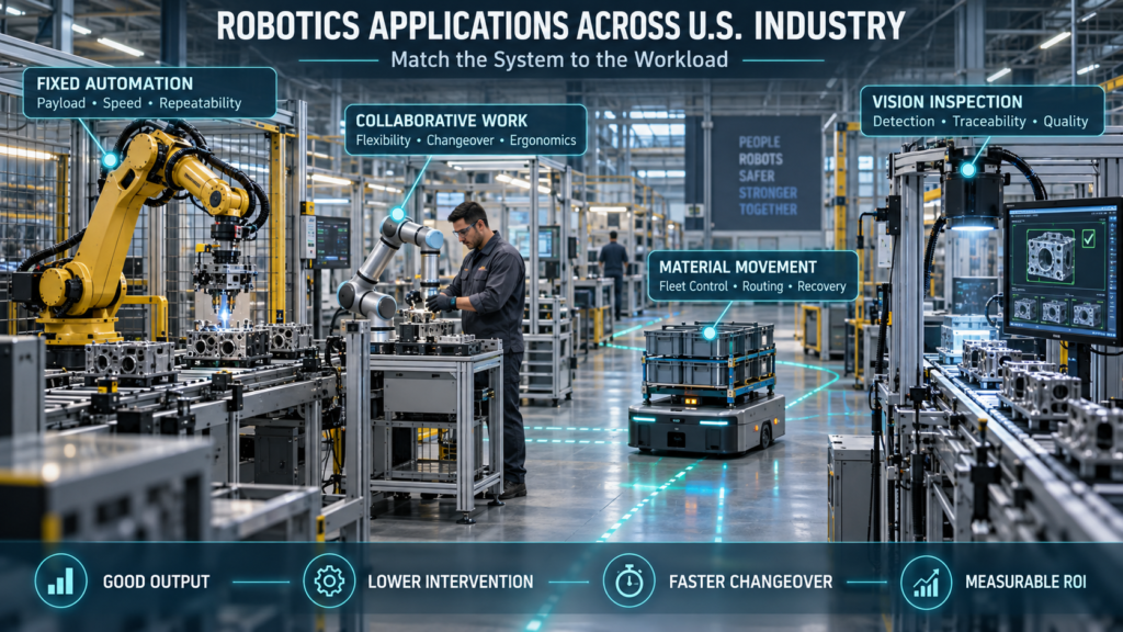 Industrial robot, collaborative robot, autonomous mobile robot, and machine-vision inspection system operating inside one connected U.S. manufacturing facility.