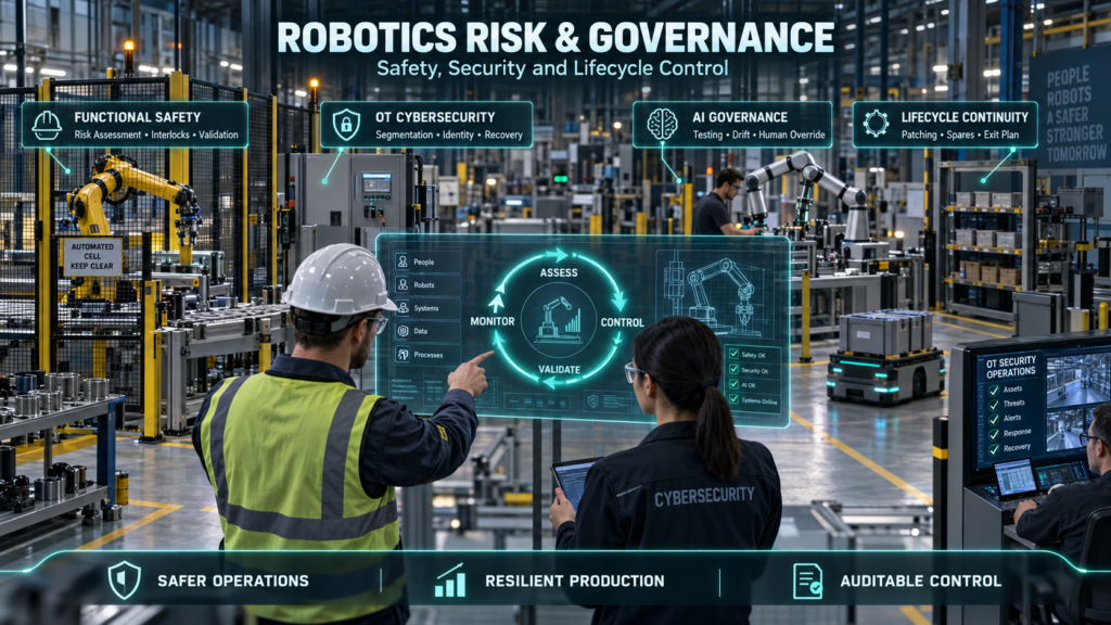 Safety and cybersecurity specialists reviewing functional safety, OT security, AI governance, and lifecycle controls inside an automated robotics factory.