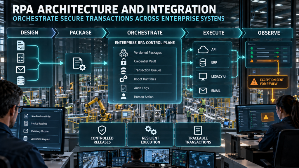 Photorealistic industrial infographic showing RPA design, orchestration, secure credentials, transaction queues, enterprise-system execution, monitoring, and human exception review
