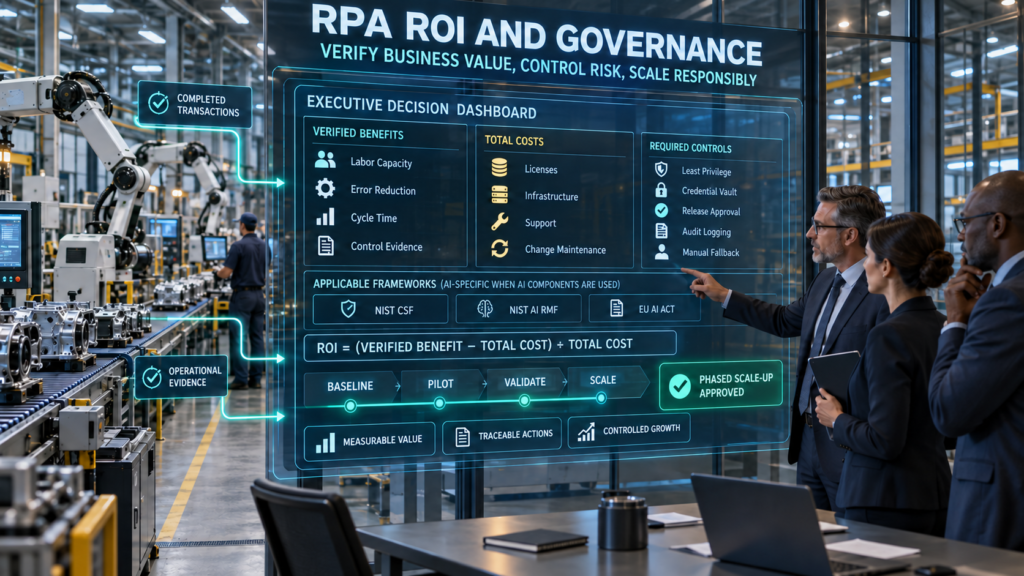 Photorealistic industrial infographic showing robotic process automation executing and verifying rule-based enterprise transactions with human exception review.