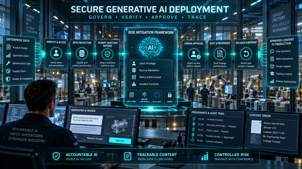 Secure generative AI deployment framework showing identity controls, data protection, prompt-injection defense, human approval, audit provenance, and incident rollback.