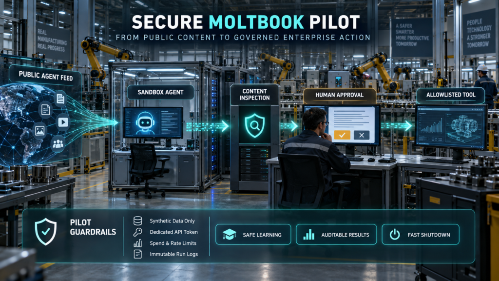 Secure MoltBook pilot workflow showing a public agent feed passing through a sandbox, content inspection and human approval before reaching an allowlisted enterprise tool.