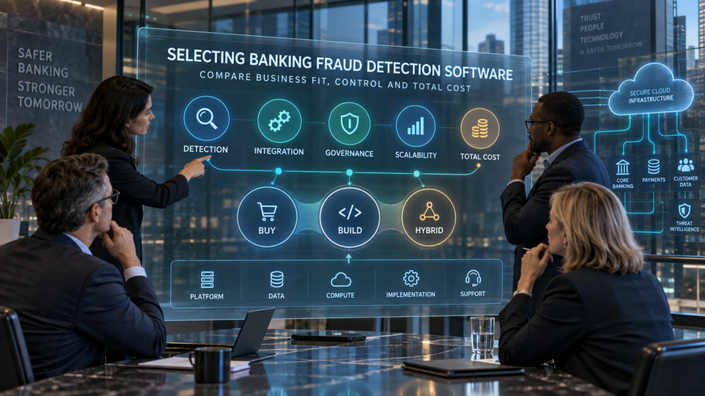 Banking executives comparing fraud detection software based on detection, integration, governance, scalability, total cost, and deployment strategy.