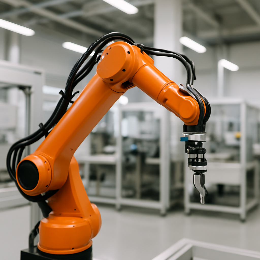 Orange industrial robotic arm operating inside a modern factory, symbolizing smart automation and predictive maintenance in manufacturing.