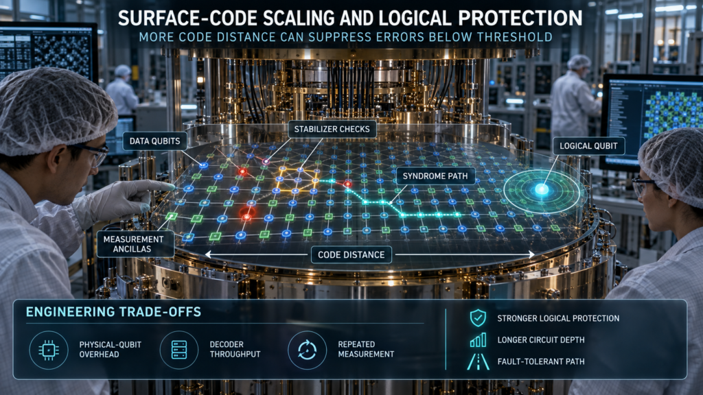 Engineers examining a surface-code quantum processor with data qubits, measurement ancillas, stabilizer checks, syndrome paths, code distance, and a protected logical qubit.