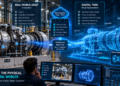 Digital twin technology connecting a real industrial asset with a synchronized virtual model using sensors, operational data, edge and cloud infrastructure