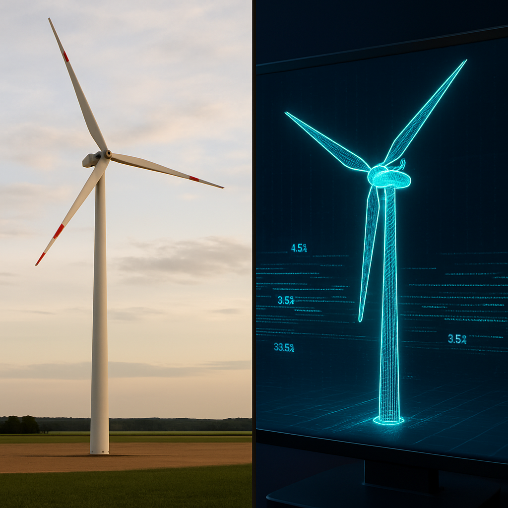 Side-by-side comparison of a real wind turbine and its digital twin displayed on a screen, illustrating virtual replica technology and real-time data-driven modeling in renewable energy systems.