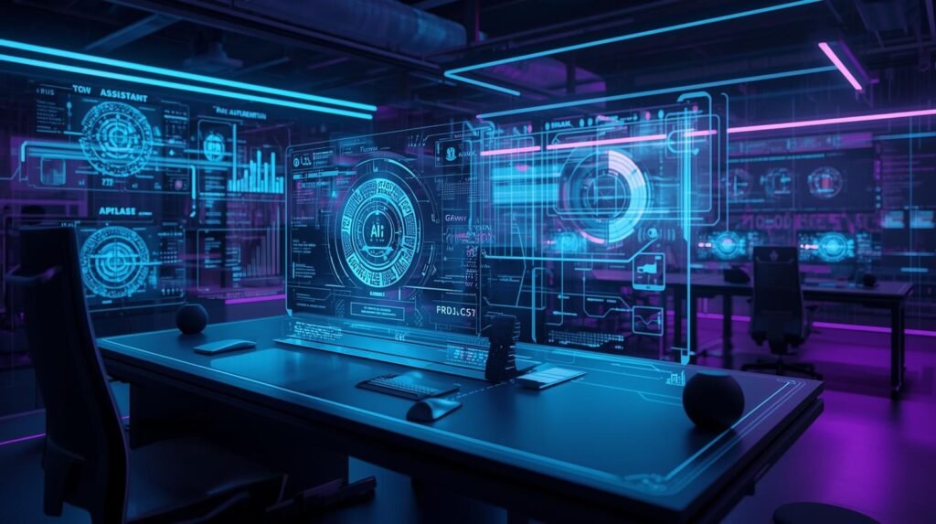 Futuristic AI automation in modern workspace with holographic dashboards and artificial intelligence tools controlling digital business processes and smart software systems.