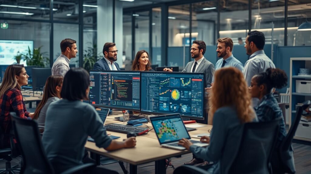 AI Careers in the USA: AI professionals collaborating in a modern U.S. tech office working on machine learning models and data analytics projects.