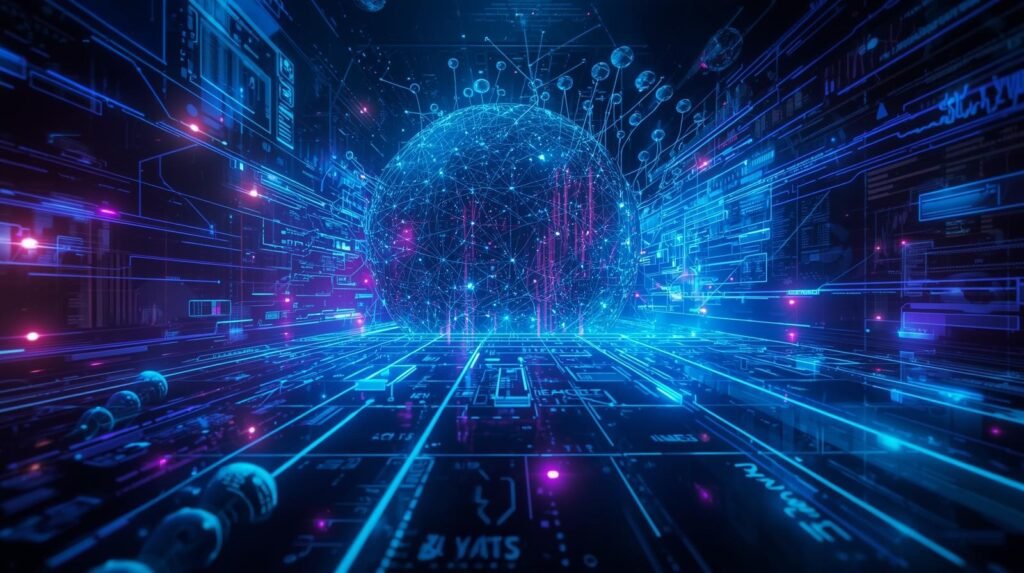 AI data analytics Network dashboard with neural networks and holographic charts analyzing big data and machine learning insights.