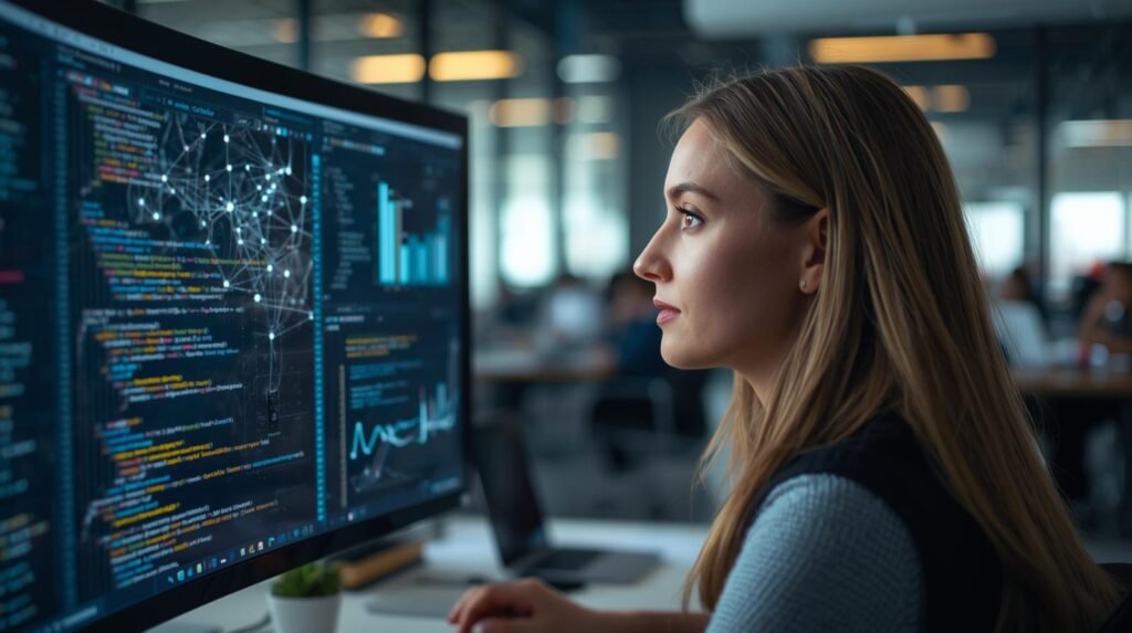 AI Engineer Jobs in the USA: AI engineer in a modern U.S. tech office developing artificial intelligence models and machine learning systems on a computer screen.