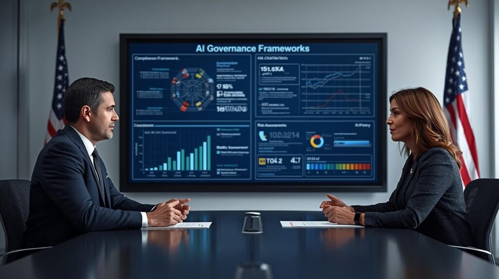 AI Governance in the USA: U.S. technology official and compliance leader reviewing AI governance framework on a digital screen in a conference room.