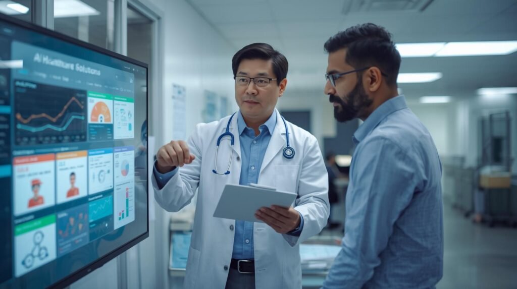 Hospital administrator and doctor in a modern healthcare facility reviewing healthcare AI solutions in USA on a digital dashboard.
