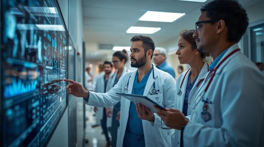AI is used in Healthcare in USA: Healthcare professional in a modern U.S. hospital using AI-powered diagnostics and patient data analytics on digital screens.