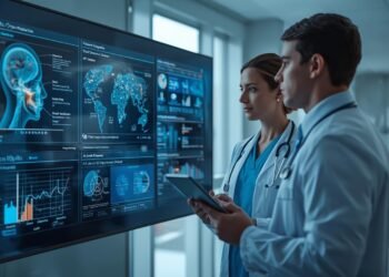 AI is used in Healthcare in USA: Healthcare professional in a modern U.S. hospital using AI-powered diagnostics and patient data analytics on digital screens.