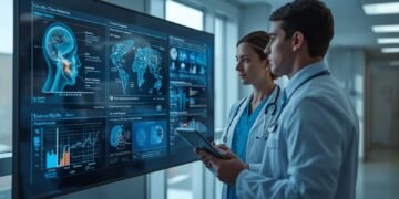 AI is used in Healthcare in USA: Healthcare professional in a modern U.S. hospital using AI-powered diagnostics and patient data analytics on digital screens.