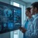 AI is used in Healthcare in USA: Healthcare professional in a modern U.S. hospital using AI-powered diagnostics and patient data analytics on digital screens.