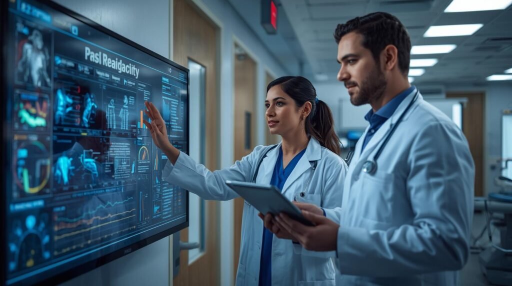 AI is used in Healthcare in the USA: Professional in a modern U.S. hospital using AI-powered diagnostics and patient data analytics on digital screens.