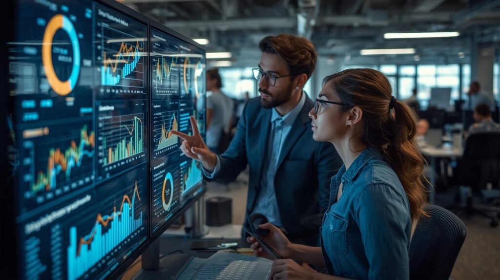 AI Job Market in the USA: AI professionals and recruiters reviewing hiring trends and job market analytics in a modern U.S. technology office.