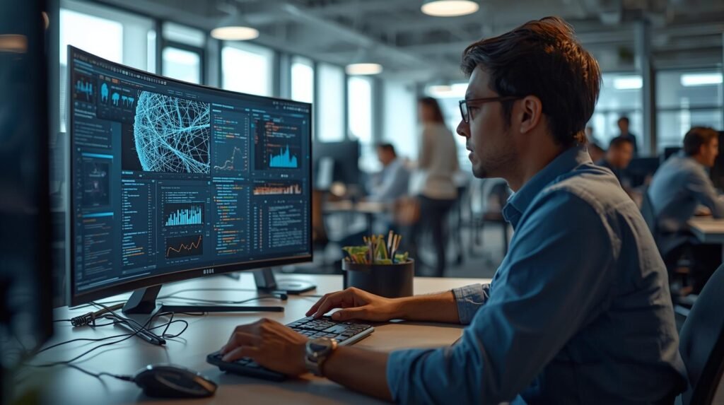 AI Jobs in the USA: AI engineer working in a modern U.S. tech office analyzing machine learning models and data dashboards on a computer screen.