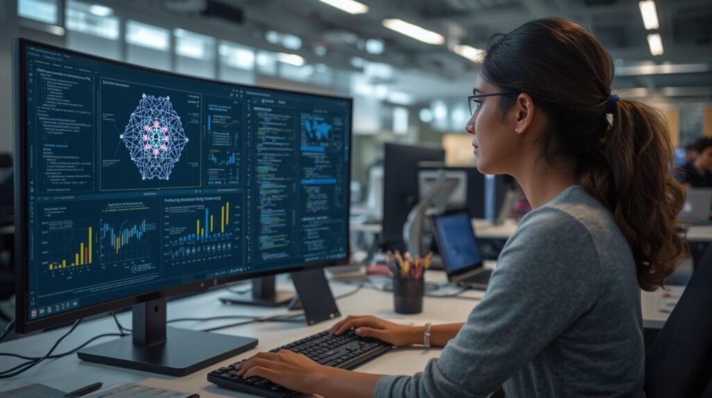 AI Jobs in the USA: AI engineer working in a modern U.S. tech office analyzing machine learning models and data dashboards on a computer screen.