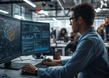 AI Jobs in the USA: AI engineer working in a modern U.S. tech office analyzing machine learning models and data dashboards on a computer screen.