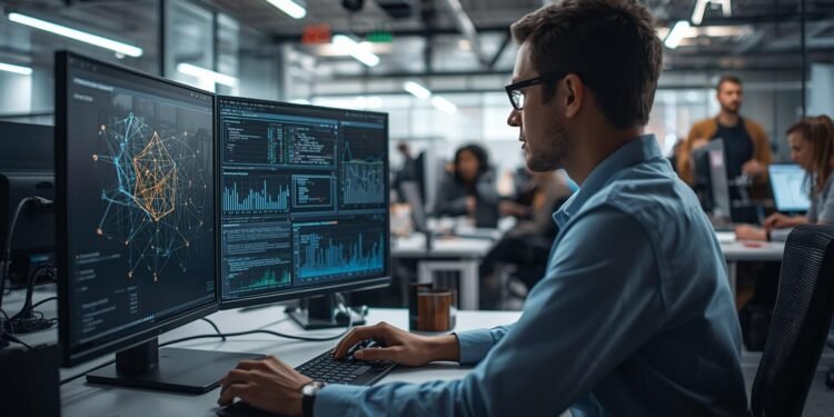 AI Jobs in the USA: AI engineer working in a modern U.S. tech office analyzing machine learning models and data dashboards on a computer screen.