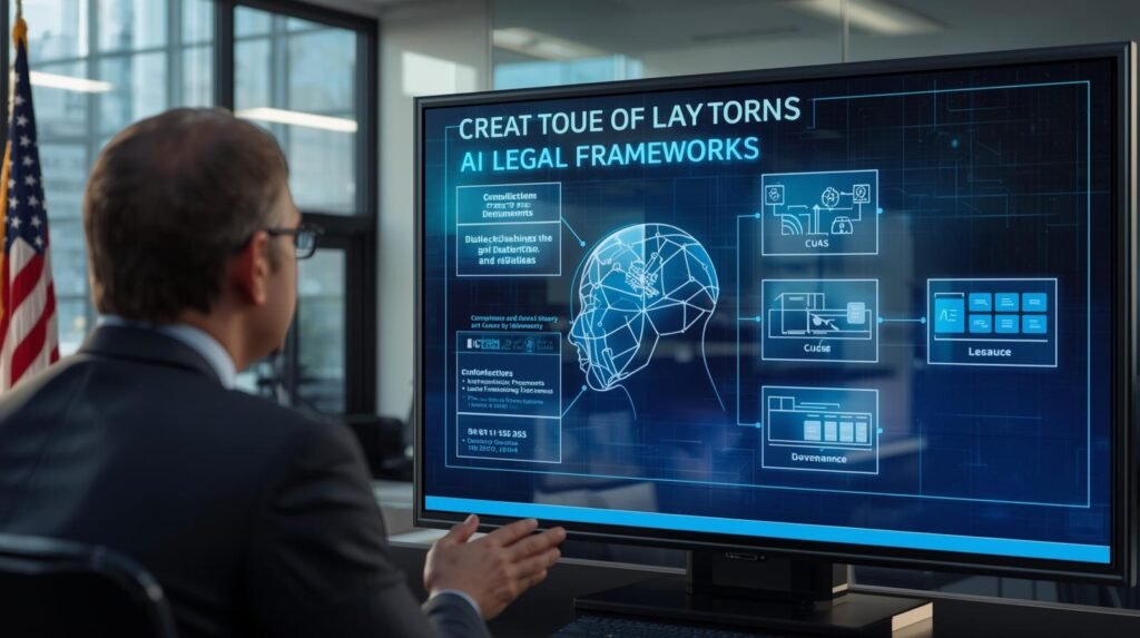 U.S. legal professional reviewing AI legal framework documents and compliance charts on a digital screen in a modern office.