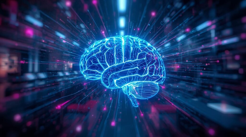 AI Neural Intelligence Network: Artificial intelligence neural network brain with glowing circuits and digital connections, visualizing advanced AI technology and machine learning systems.