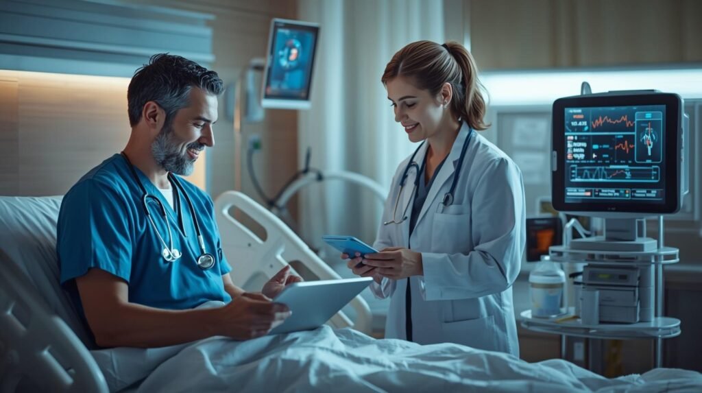 Nurse and doctor in a modern U.S. hospital using AI patient care in the USA monitoring system with real-time health data.
