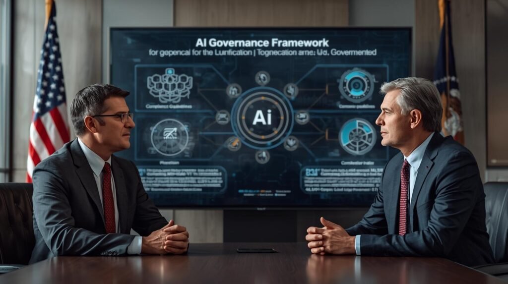 AI Policy in the USA: U.S. policy advisor and tech executive reviewing AI policy guidelines on a digital screen in a government office.