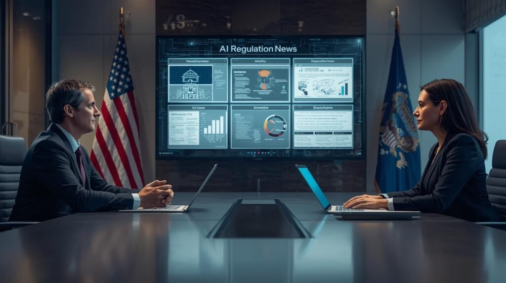AI Regulation News in the United States: Government policy analyst and tech executive in a U.S. conference room reviewing AI regulation documents on a digital screen.