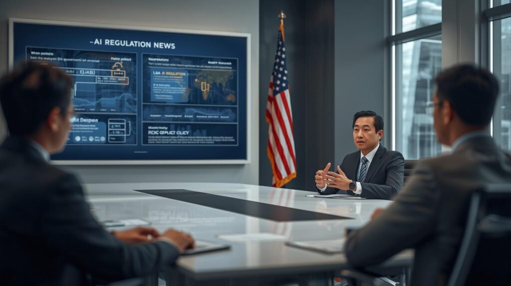 AI Regulation News in the United States: Government policy analyst and tech executive in a U.S. conference room reviewing AI regulation documents on a digital screen.