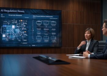 AI Regulation News in the United States: Government policy analyst and tech executive in a U.S. conference room reviewing AI regulation documents on a digital screen.