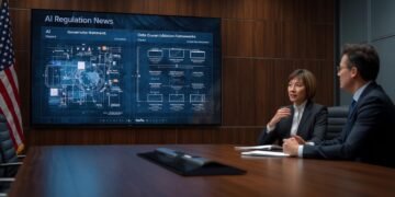 AI Regulation News in the United States: Government policy analyst and tech executive in a U.S. conference room reviewing AI regulation documents on a digital screen.