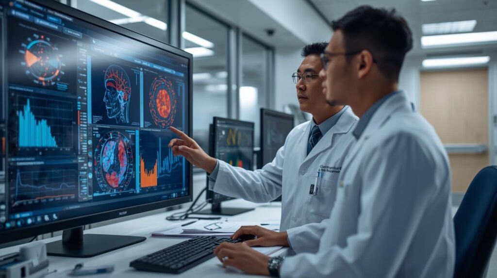 Physician in a modern U.S. medical lab using artificial intelligence medicine in USA technology with diagnostic data on screen.