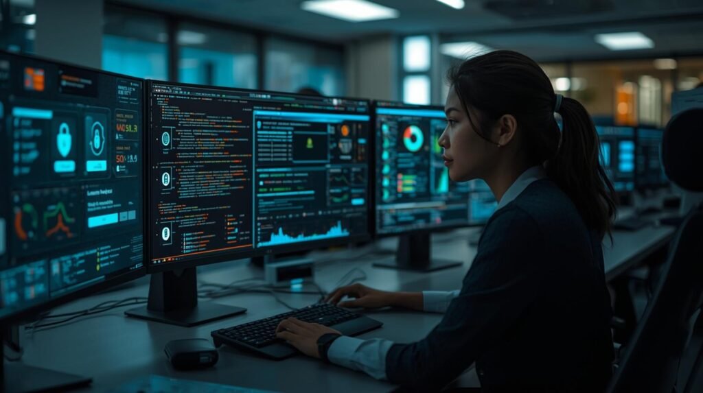 IT security analyst monitoring authentication solutions and multi-factor authentication dashboards in a modern corporate cybersecurity office.