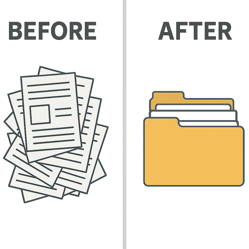 Before and after comparison showing disorganized paper documents transformed into structured digital folders representing improved SOC 2 compliance and data security management.