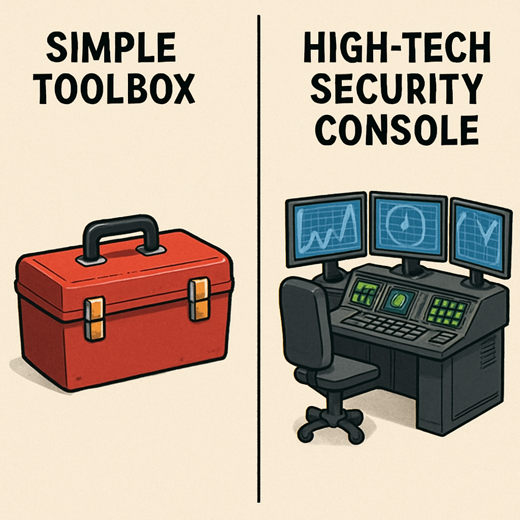 Comparison of a simple toolbox and a high-tech security console illustrating the difference between basic tools and advanced cybersecurity management systems.
